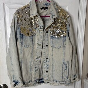 Oversized L&B Light Blue Denim Jacket with Gold and Silver Sequins